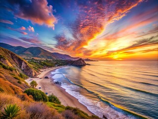 Fototapeta premium Dreamy Malibu Sunset: Pastel skies, silhouetted mountains, calm seas, romantic, enchanting