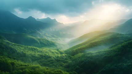 Obraz premium Serene Mountain Valley Sunset Landscape with Dramatic Lighting and Lush Green Foliage