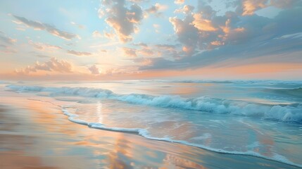 Fototapeta premium Tranquil Beach Sunset with Pastel Skies and Gentle Waves Serene Coastal Landscape Painting