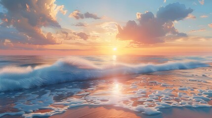 Serene Sunset Over Tranquil Beach With Gentle Waves And Vibrant Pastel Skies