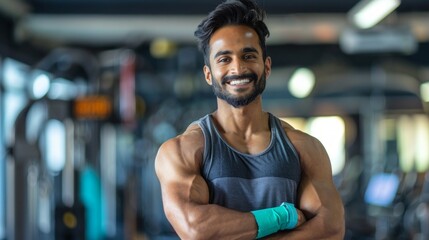 Man in gym with crossed arms, wearing tank top and green wristband. Bright, uplifting atmosphere with exercise equipment visible in mirror wall reflection.