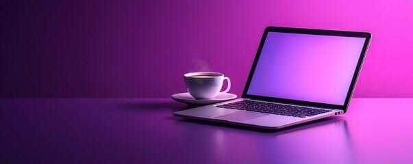Creative workspace with a laptop and a steaming coffee cup on a purple gradient background, perfect for productivity and design inspiration.