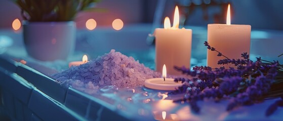 A serene bathroom scene with a filled bathtub, lit candles, lavender flowers, and bath salts. Green plants and purple flowers enhance relaxation in a spa-like setting.