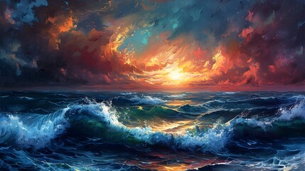 Naklejka premium Dramatic Seascape With Crashing Waves Vibrant Colors and Powerful Dynamics in Oil Painting Style
