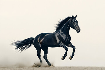 Black horse galloping along the beach