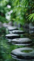 A serene image of stepping stones over water, with varying sizes and greenery nearby, creating a tranquil setting.