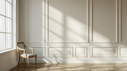 A single chair sits in a minimalist room with white walls and hardwood floors. Sunlight streams through a large window.