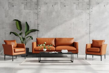 interior design of a living room with a concrete wall, leather sofa and armchair on a grey background
