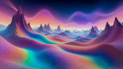 Abstract VR landscape where the ground and sky are composed of undulating, iridescent holographic waves. Metaverse concept