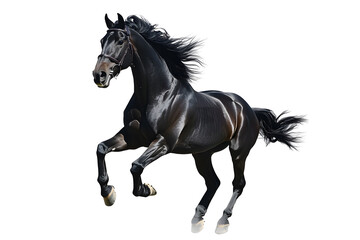 Beautiful black horse galloping isolated on white background