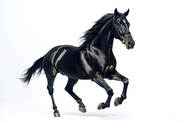 Beautiful black horse galloping isolated on white background