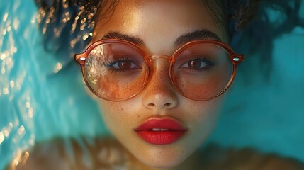 vibrant portrait of a woman with bold red lips submerged in a turquoise pool retroinspired sunglasses reflect a tropical paradise creating a dreamy summer vibe