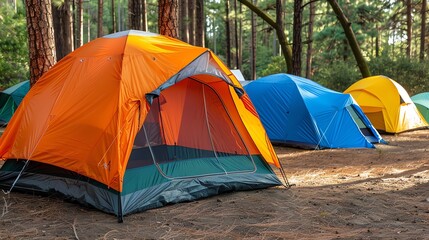 A row of colorful tents set up in a forest.