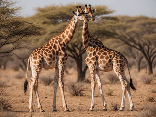 Obraz premium A pair of giraffes standing tall in the middle of a dry acacia forest, their long necks reaching up to the treetops to feed on leaves.