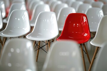 The Bold Standout: A single red chair stands out defiantly amidst a sea of white, symbolizing individuality, courage, and the power to break the mold. 