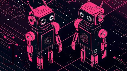 Futuristic Isometric Illustration of Two Quirky Robots on Neon Pink and Black Background with Digital Borders and Circuitry Designs