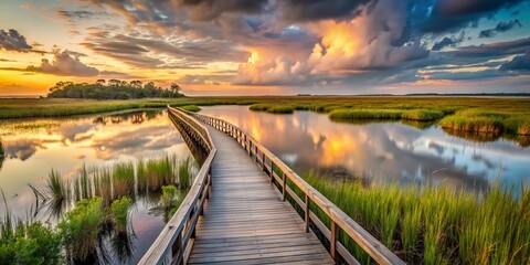 - Marsh Panorama: Expansive boardwalk through marshes, muted colors, panoramic views, calming mood
