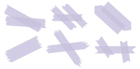 Set of purple semi-transparent washi tapes isolated on white. Washi tapes collection in vector. Pieces of decorative tape for scrapbooks. Torn paper	