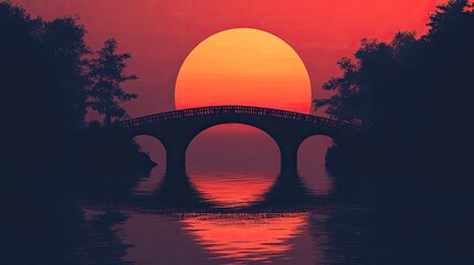 Obraz premium A solitary medieval bridge silhouetted against a gradient sunset, with clean lines and minimal detail