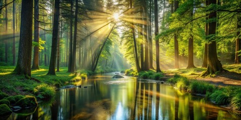 Obraz premium Sunlight filtering through tall trees illuminating serene stream in lush forest during early morning, sunlight