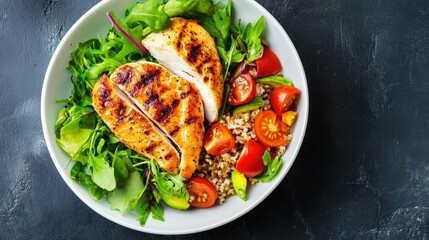 A straightforward image of a plate with a portion of lean proteins, such as fish or chicken, paired with vegetables and a whole grain, ideal for healthy meal concepts.