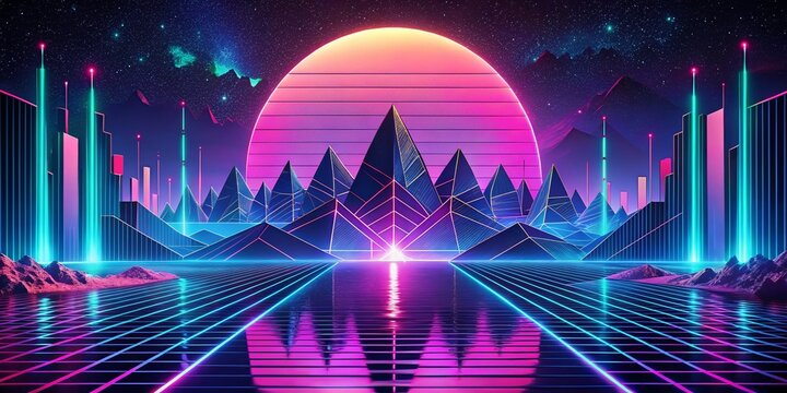 Neon Vaporwave Glitch: Electric blues and pinks, geometric shapes, pixel distortions, futuristic and nostalgic