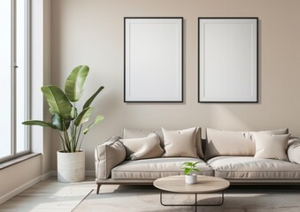 living room with a large blank frame mockup on the wall, a white sofa and coffee table, soft natural light