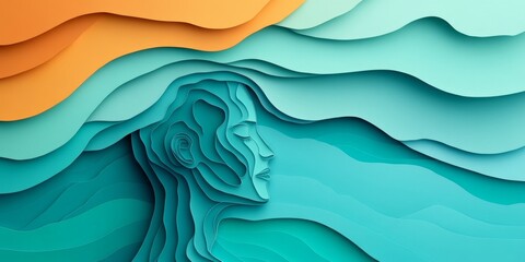Abstract Conceptual Art: Human Face in Paper-Cut Style Depicting Mental Health, Depression, and Psychological Struggles. Minimalist Composition with Elegant Design for Marketing, UI, Posters, and High