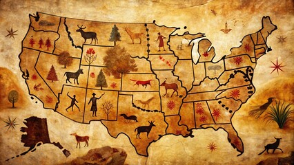 Naklejka premium Paleolithic Panorama: USA map with a prehistoric aesthetic, featuring cave drawings and ancient symbols that connect the country to its indigenous roots.
