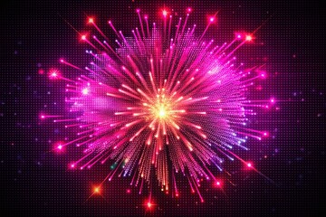 Obraz premium Pixelated Magenta Fireworks: Sharp lines and colorful pixels form abstract fireworks, creating a digital and dynamic display.