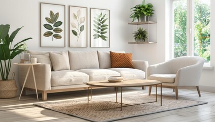 Fototapeta premium living room with a large blank frame mockup on the wall, a white sofa and coffee table, soft natural light