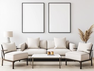 living room with a large blank frame mockup on the wall, a white sofa and coffee table, soft natural light