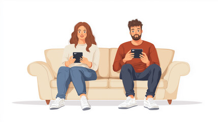 A couple sitting on a beige couch, each engrossed in their smartphones, appearing relaxed and casual.