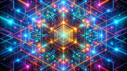 Fototapeta premium Quantum Entangled Insurance: Intricate geometric patterns and vibrant neon colors, showcasing the interconnectedness and complexity of digital insurance.