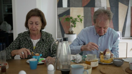 Elderly couple having breakfast together at a cozy home, woman drinking coffee while man spreads honey on toast, calm and relaxed morning routine, bonding over shared meal, happy retirement