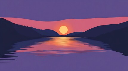 Tranquil River Sunset with Logo and Sketch on Lavender Background - Minimalist and Flat Design Concept