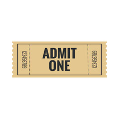 Beige retro ticket for circus, concert, boarding, lottery, movie, casino, theater, cinema, carnival, voucher on white isolated background. Admit one ticket template.