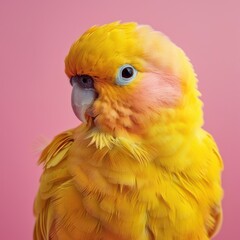 Vibrant yellow parrot with pink accents, posed against a soft pink backdrop. Free copy space for text. © Dalibor