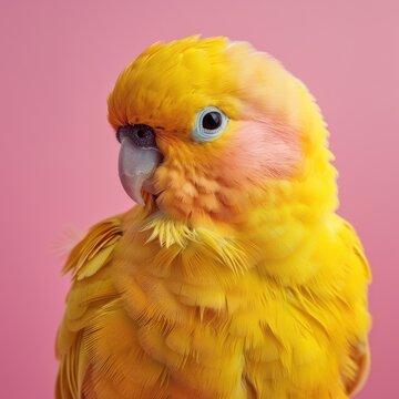 Vibrant yellow parrot with pink accents, posed against a soft pink backdrop. Free copy space for text.