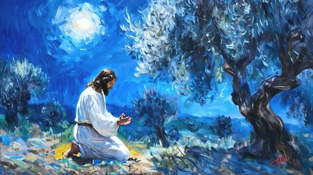 Jesus Christ Praying in Gethsemane Garden at Night in Artistic Oil Painting Style animation, Spiritual Religious 4k new stock video footage AI