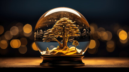 A beautifully crafted snow globe containing a charming little tree nestled inside of it, perfect for decoration or gift giving