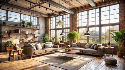 Serene Loft Sanctuary: Industrial, airy, warm light, muted tones, natural textures