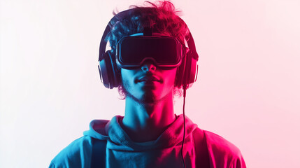 Person wearing a virtual reality headset with a bright, neon-lit background, immersed in a digital world.