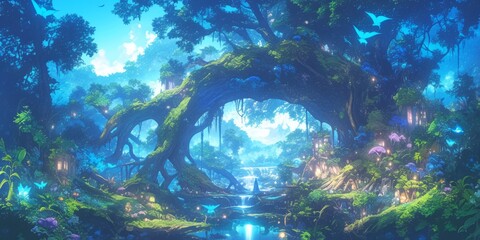 Enchanting anime-style forest at dawn. Bioluminescent plants and creatures glow softly, with a stream reflecting early morning light and a mossy archway. Magical and mysterious forest illustration.