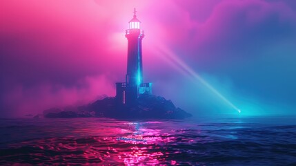 Neon Lighthouse: A beacon of hope and guidance in a surreal landscape, bathed in vibrant neon hues. The lighthouse stands tall, its light piercing the mist and casting long