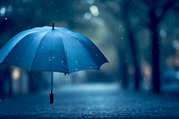 Blue Umbrella in Rain: Bokeh Background with Water Drops and Splash Effects. HD Wallpaper