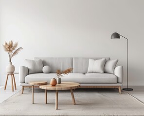 style living room, gray sofa with three seats and coffee table in front of it, white walls behind the wall