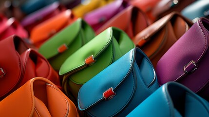 Fashionable multi colored trendy womens bags of all bright colors of the rainbow on a dark background. Neural network ai generated art