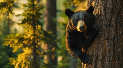 Obraz premium 4K Realistic Giant sequoia with black bear climbing trunk,