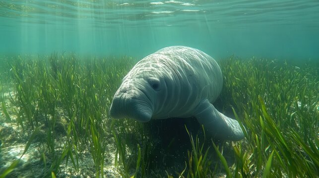 4K Realistic Gentle dugong grazing on seagrass meadow, clear waters,